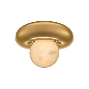 Bulles 8" alabaster flush mount in unlacquered brass, front view, lit